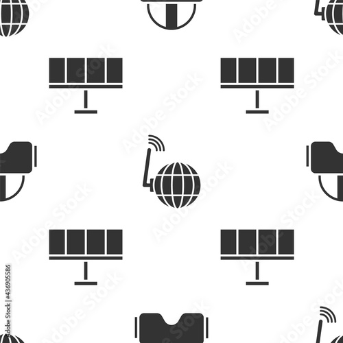 Set Virtual reality glasses, Social network and Solar energy panel on seamless pattern. Vector