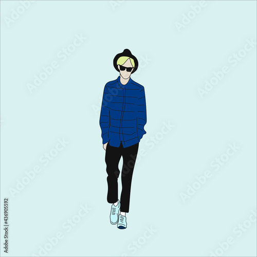 Vector illustration of Kpop street fashion. Street idols of Koreans. Kpop men's fashion idol. A guy in a blue shirt and black pants. photo