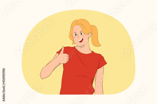 Young confident woman show thumb up like gesture concept