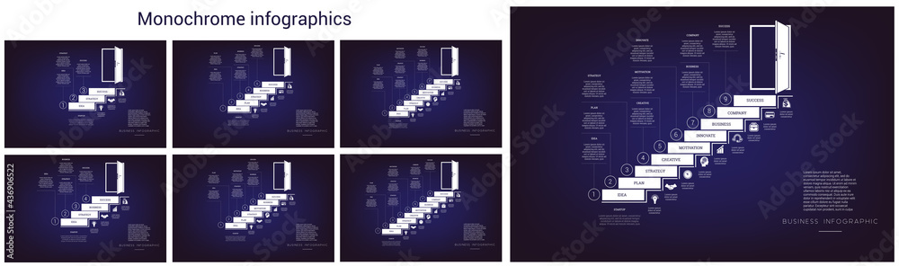 Fototapeta premium Steps leading to the doorway. Monochrome templates infographics for use in banners, technological processes, diagrams, web design, timeline, area chart,number options