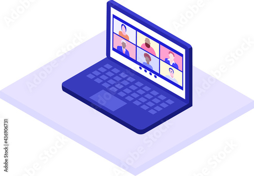 Isometric video conferencing concept. Multinational and different ages people talk via video link. Colleagues and friends communicate remotely. Isometric vector illustration