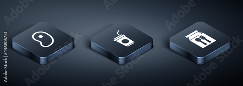 Set Isometric Steak meat, Online ordering and delivery and Paper glass with straw icon. Vector