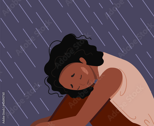 Depressed young unhappy girl sitting and hugging her knees under rain. Concept of mental disorder. Colorful vector illustration in flat cartoon style.