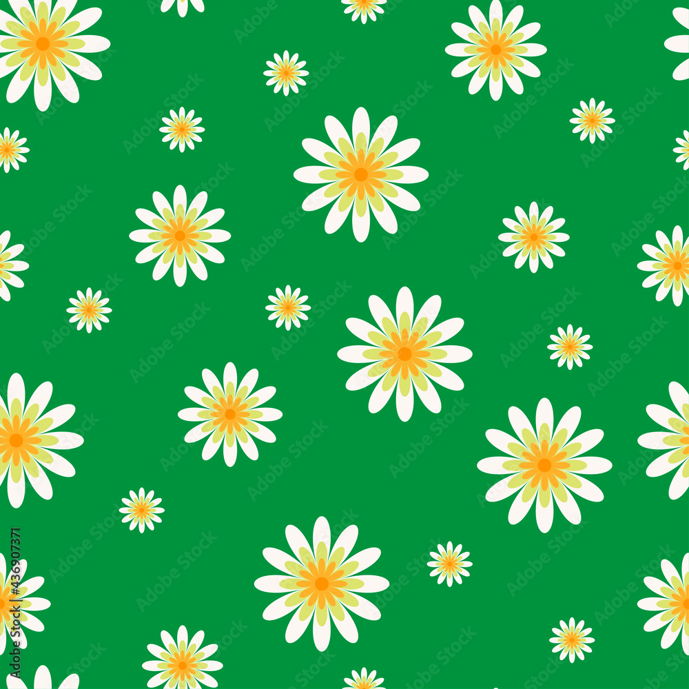 Seamless pattern with floral design and hand drawn elements on green background. Vector illustration