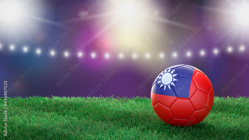 Fototapeta premium Soccer ball in flag colors on a bright blurred stadium background. Taiwan. 3D image