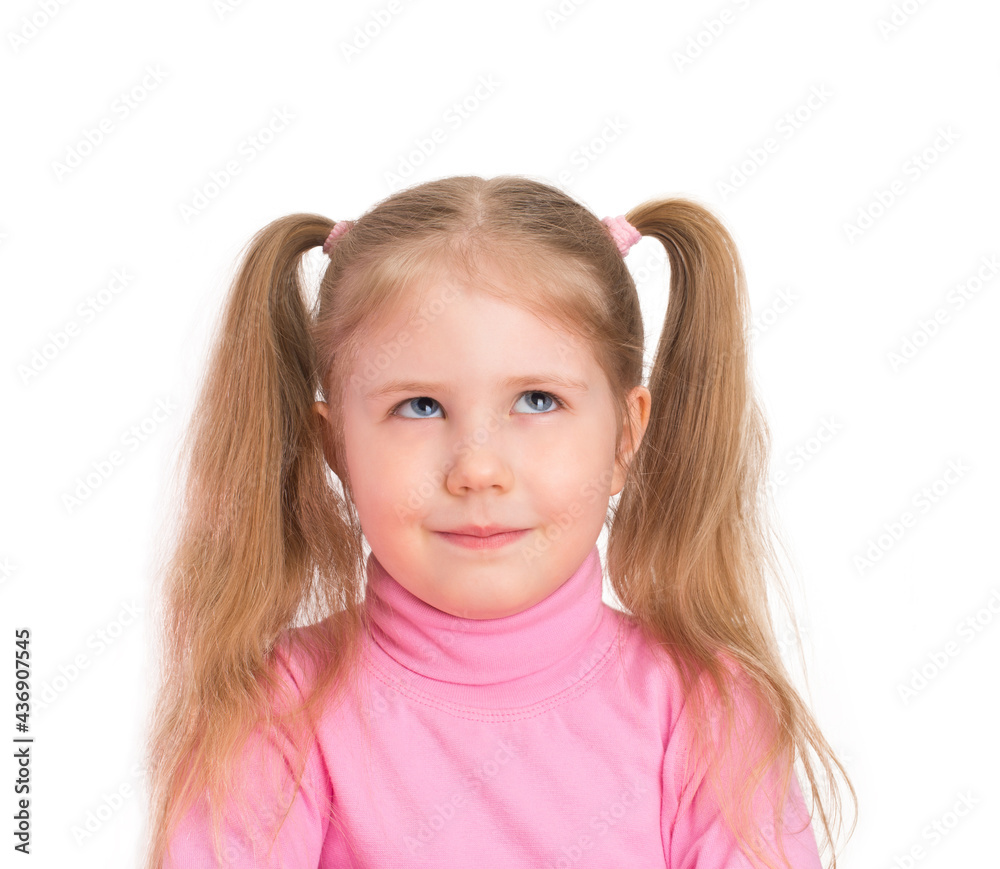 Portrait of little thoughtful girl in pink turtleneck sweater with pigtails smiling and looking up isolated on white background. Portrait of little thoughtful girl in pink turtleneck sweater with pigtails smiling and looking up isolated on white background.
