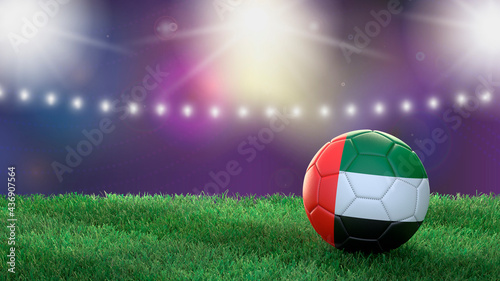 Soccer ball in flag colors on a bright blurred stadium background. UAE. 3D image