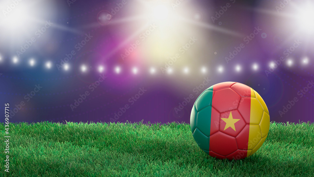 Naklejka premium Soccer ball in flag colors on a bright blurred stadium background. Cameroon. 3D image