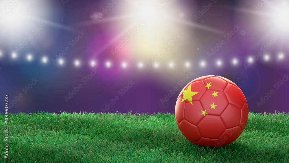 Fototapeta premium Soccer ball in flag colors on a bright blurred stadium background. China. 3D image