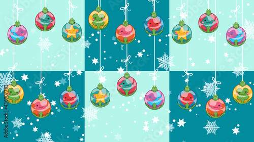 Colorful Christmas balls with snowfall on blue background cartoon vector illustration