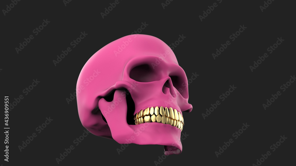 Obraz premium Pink skull with gold teeth. 3d rendering pink skull on black background