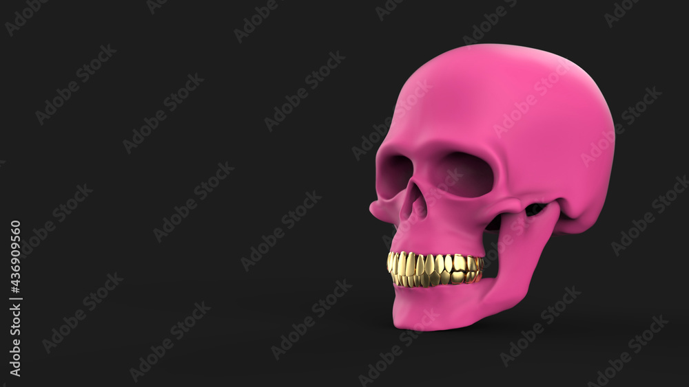 Pink skull with gold teeth. 3d rendering pink skull on black background