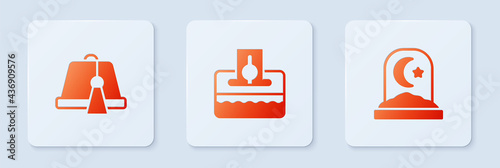 Set Donate or pay your zakat, Turkish hat and Muslim cemetery. White square button. Vector