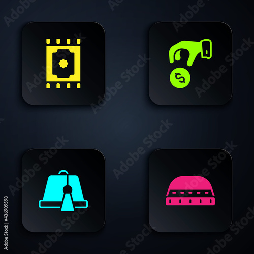 Set Muslim hat for prayer, Traditional carpet, Turkish and Donate pay your zakat. Black square button. Vector