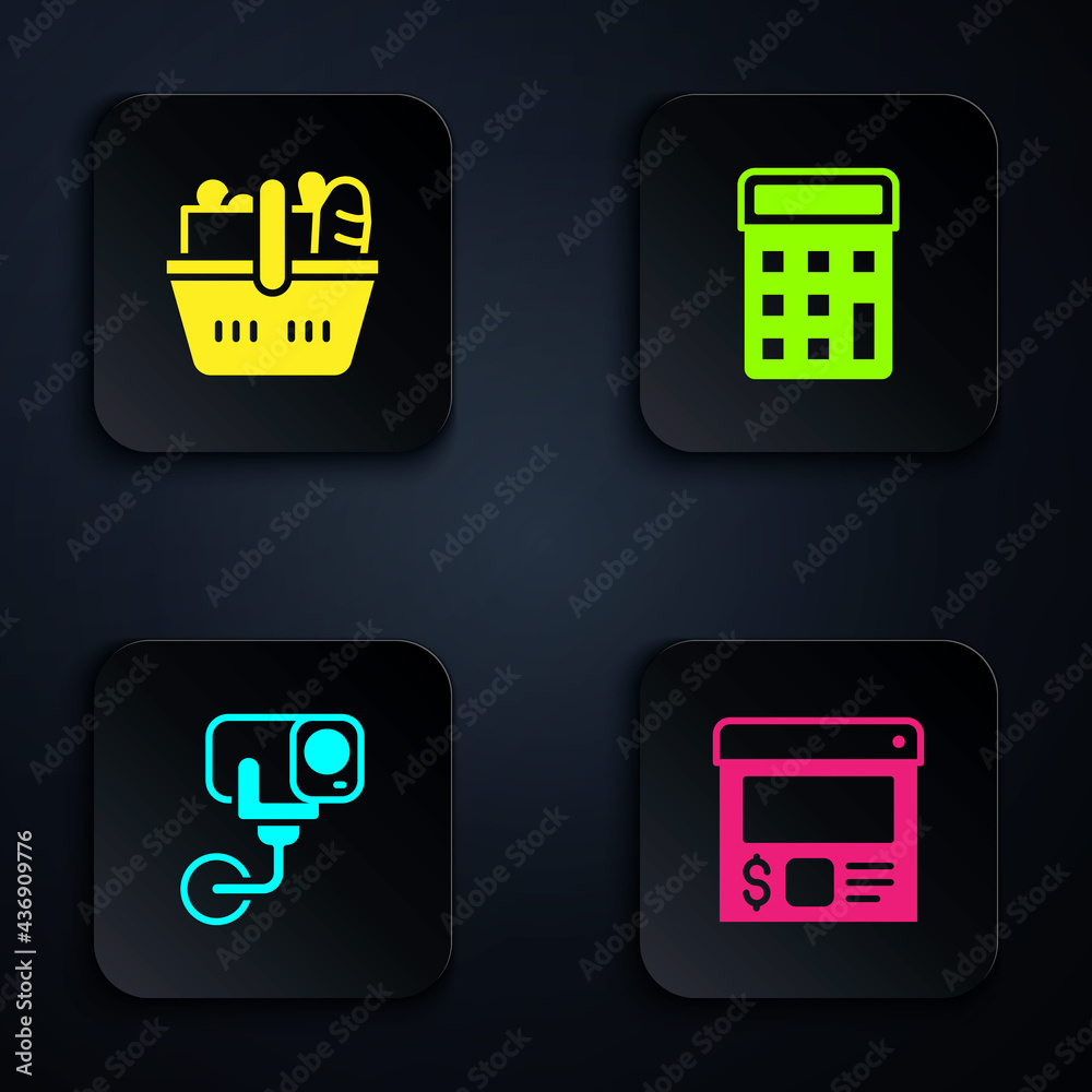 Set Online ordering and delivery, Shopping basket food, Security camera and  Calculator. Black square button. Vector Stock Vector | Adobe Stock