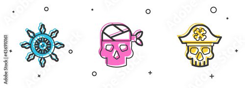 Set Ship steering wheel, Pirate captain and icon. Vector