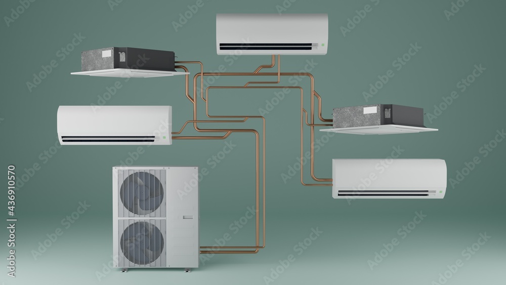 Multi system air conditioner green background 3d render stock