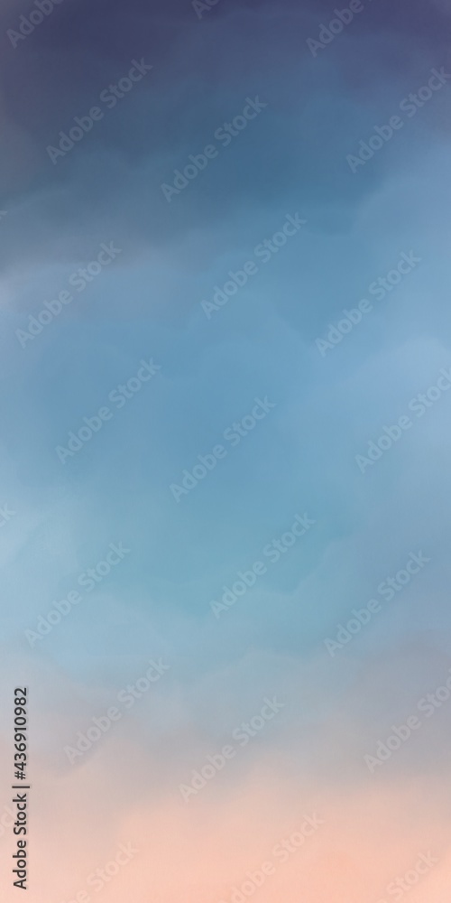 Orange to dark blue gradient sky with clouds. Abstract watercolor background