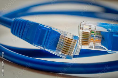 Two network RJ45 plugs of blue colour macro. Blue RJ45 CAT6 shielded network data internet cable in coils and connectors on gray background shallow DOF photo