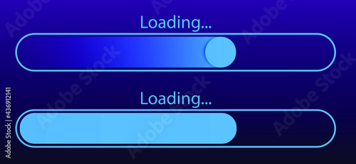 Loading bar set on dark backdrop. Progress visualization. Color gradient lines. Loading status collection. Web vector design