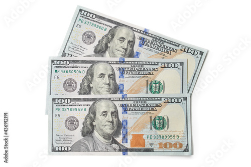 Three bills 100 American dollar bill cash money isolated on white background.