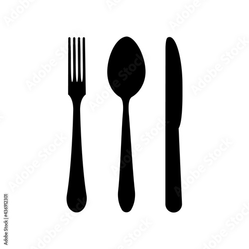 Fork, spoon, knife in black on a white background.