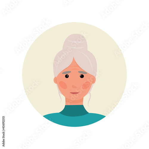 the avatar is an elderly gray-haired pensioner. Adult woman with a bun of hair and wrinkles. Nice character for social advertising. Chatbot profile, forum, support. Vector illustration