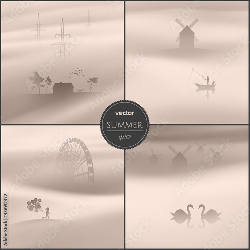 House on hill. Fisherman and swans on lake. People silhouette in fog
