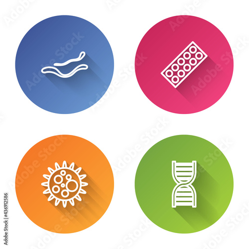 Set line Ebola virus disease, Pills in blister pack, Virus and DNA symbol. Color circle button. Vector