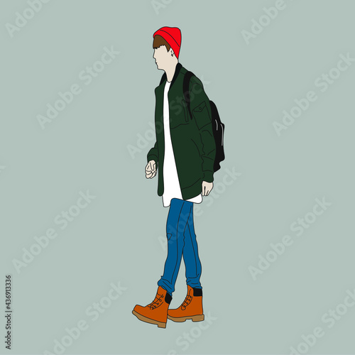 Vector illustration of Kpop street fashion. Street idols of Koreans. Kpop men's fashion idol. A guy in a green jacket and blue jeans.