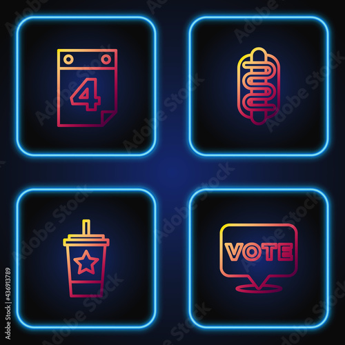 Set line Vote, Paper glass with straw, Calendar date July 4 and Hotdog sandwich. Gradient color icons. Vector