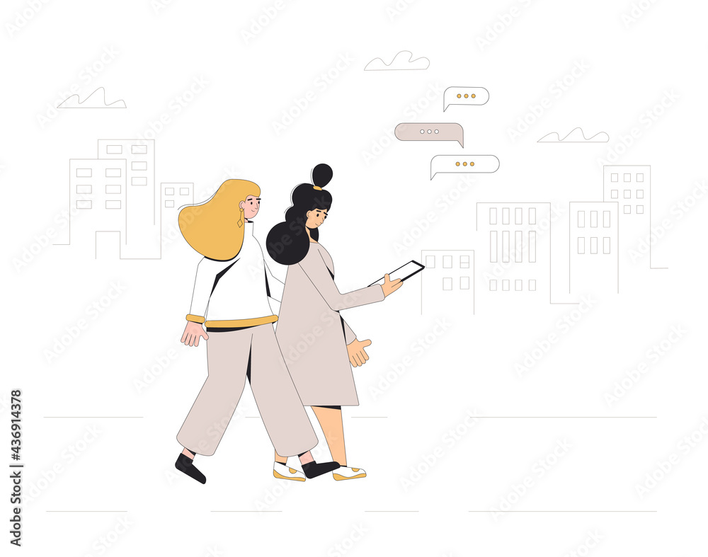 Two teenagers walking through the streets together. Young female friends wearing in casual clothes with phone. Pair. Vector line illustration. Two teenagers walking through the streets together. Young female friends wearing in casual clothes with phone. Pair. Vector line illustration.