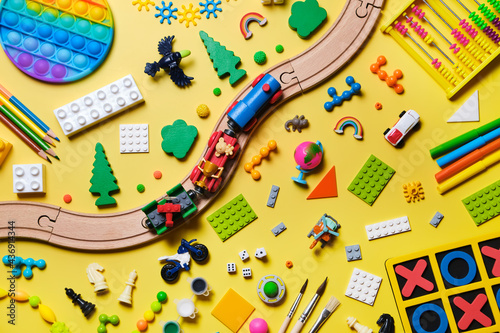Set of different children's toys, wooden railroad