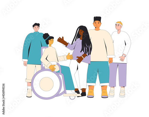 Group of diverse teenagers standing together. Young female and male friends wearing in casual clothes. Boys and girls hugging each other. Vector line illustration.