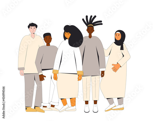 Group of diverse teenagers standing together. Young female and male friends wearing in casual clothes. Boys and girls hugging each other. Vector line illustration.