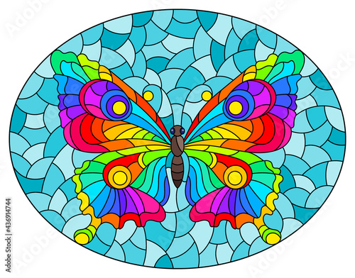 Illustration in stained glass style with a bright rainbow butterfly on a blue background  oval image