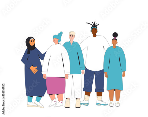 Group of diverse teenagers standing together. Young female and male friends wearing in casual clothes. Boys and girls hugging each other. Vector line illustration.