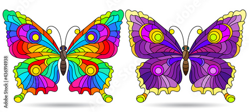 A set of illustrations in a stained glass style with bright butterflies, insects isolated on a white background