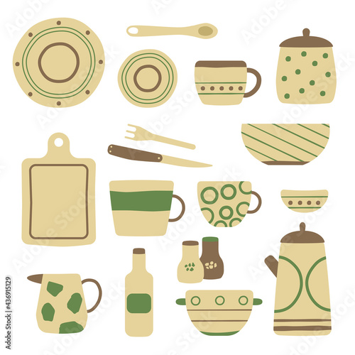 Collection of modern ceramic kitchen utensils or crockery. Hand drawn cups, dishes, bowls. Vector dishes collection. Vector illustration about mealtime. Cooking food, meal, drinks. Vector dishware.