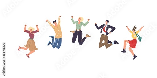 Set of vector cartoon flat characters friends in happy mood,rejoice together,young people celebrate success,jumping happily - communication,emotions,friendship,social concept