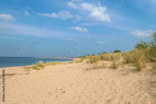 A panoramic view on the sandy beach by Baltic Sea on Sobieszewo island  Poland. The beach is scarcely overgrown with high grass. The sea is gently waving. A bit of overcast. Serenity and calmness