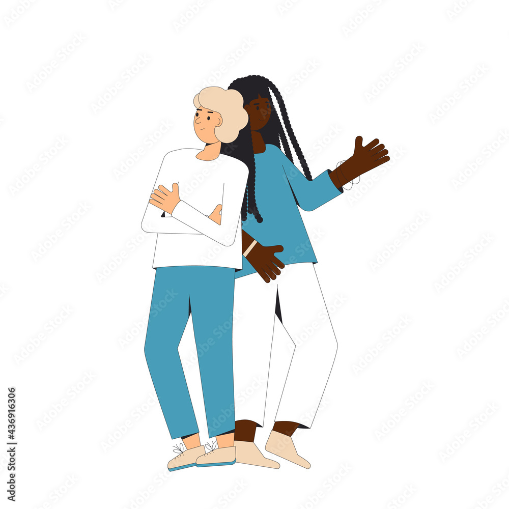 Two teenagers standing together. Young male amd female friends wearing in casual clothes. Pair standing back to back. Vector line illustration.