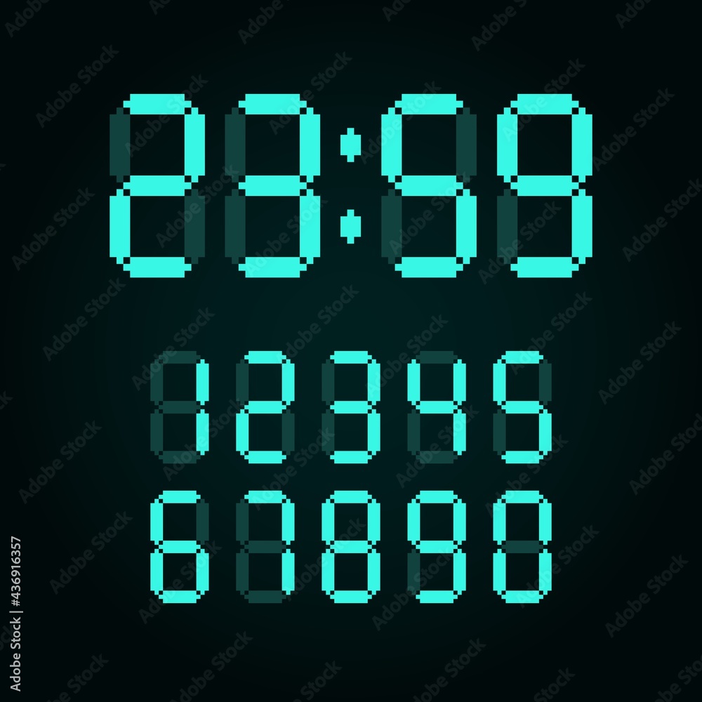 Pixel art 8-bit digital time clock number set. Font of digit for ...