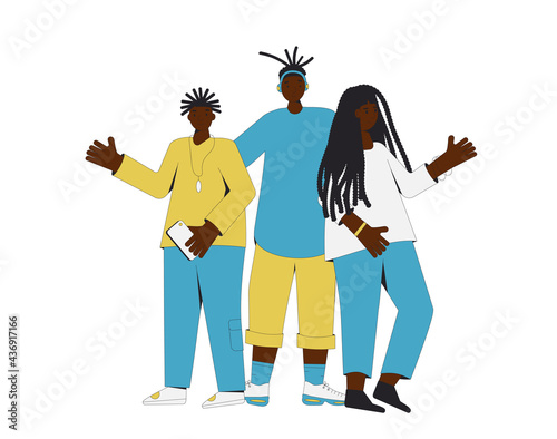 Group of african american teenagers standing together. Young female and male friends wearing in casual clothes. Boys and girl. Vector line illustration.