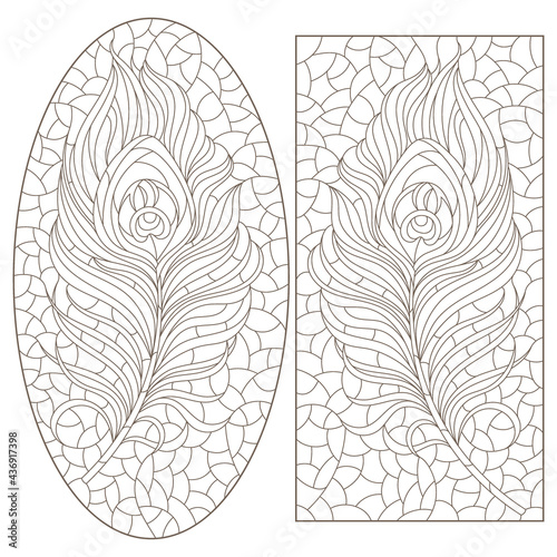 Set of contour illustrations in the style of stained glass with peacock feathers, dark outlines on a white background