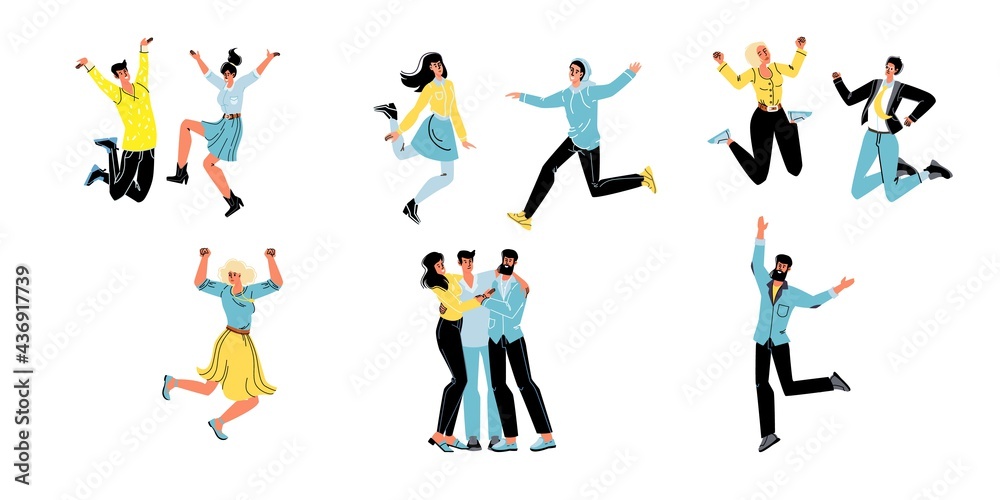 Set of vector cartoon flat characters friends happy hugging,rejoice together,friendly team of young people celebrate success,jumping happily-communication,emotions,friendship,social concept Set of vector cartoon flat characters friends happy hugging,rejoice together,friendly team of young people celebrate success,jumping happily-communication,emotions,friendship,social concept