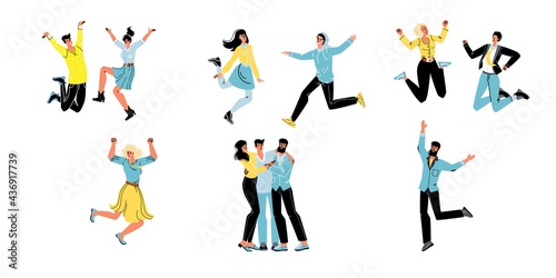 Set of vector cartoon flat characters friends happy hugging rejoice together friendly team of young people celebrate success jumping happily-communication emotions friendship social concept