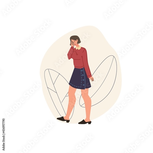 Vector cartoon flat character in sad mood,melancholy,worried,upset - emotions,depression,troubles,social concept