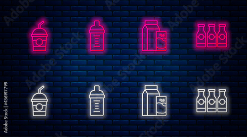 Set line Baby milk in a bottle, Paper package for kefir, Milkshake and Bottle with. Glowing neon icon on brick wall. Vector