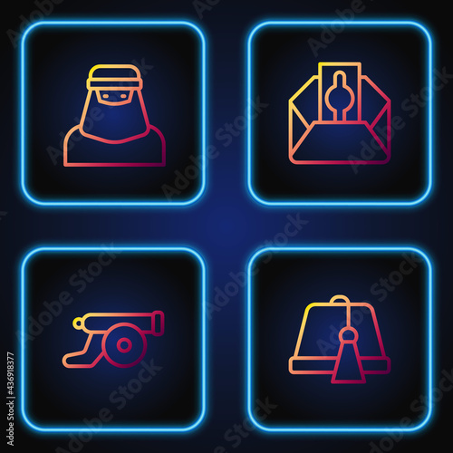 Set line Turkish hat, Ramadan cannon, Muslim woman in niqab and Donate or pay your zakat. Gradient color icons. Vector